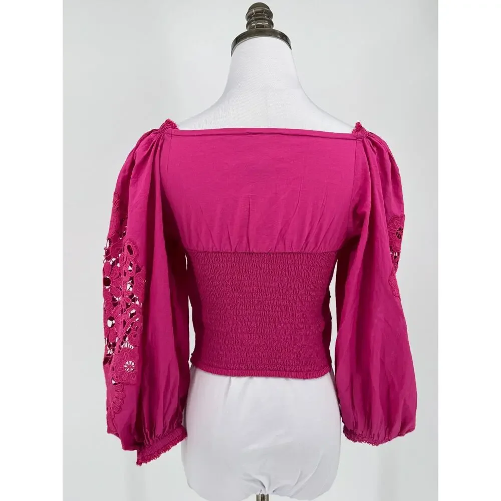 FARM Rio Vibrant Pink Lace Embroidered Puff Sleeve Blouse Crop Top Sz XS